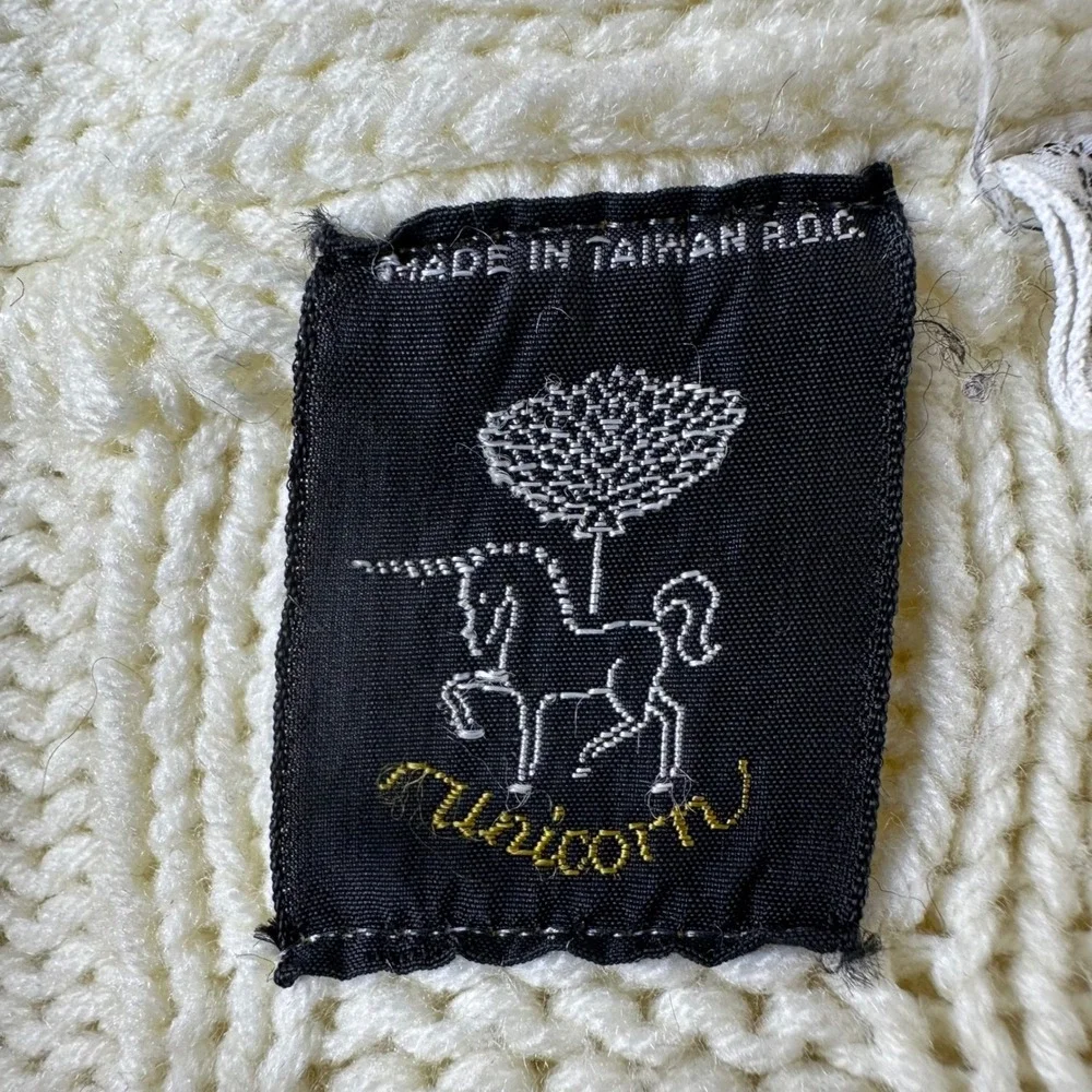 Vintage Unicorn Cable Knit Cardigan Sweater Cream Shawl Collar Fisherman Sz M